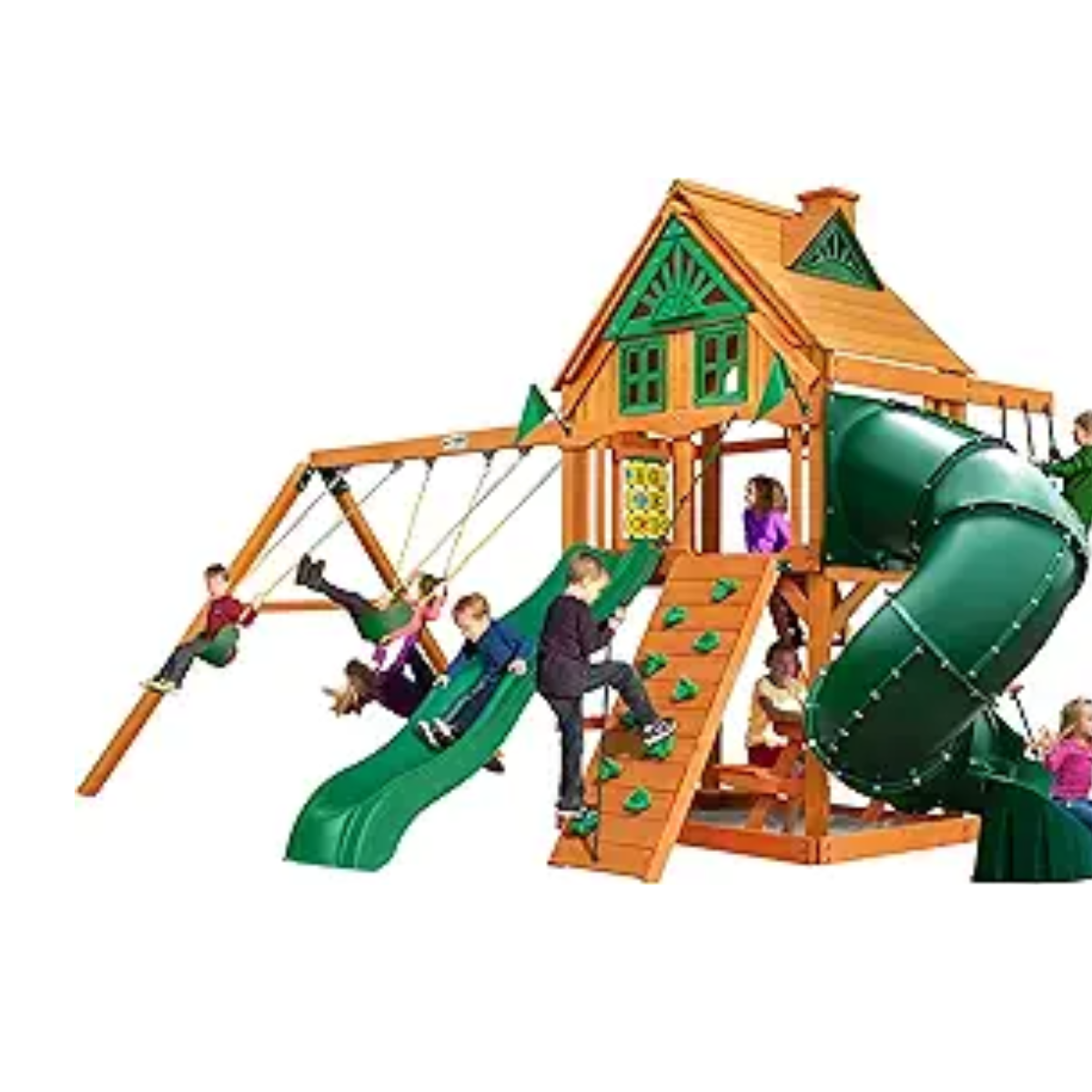 mclmedu-product-55-image-1 Gorilla Playsets Mountaineer Treehouse Wooden Swing Set with Tube Slide, Rope Ladder, and Sandbox - Image 1
