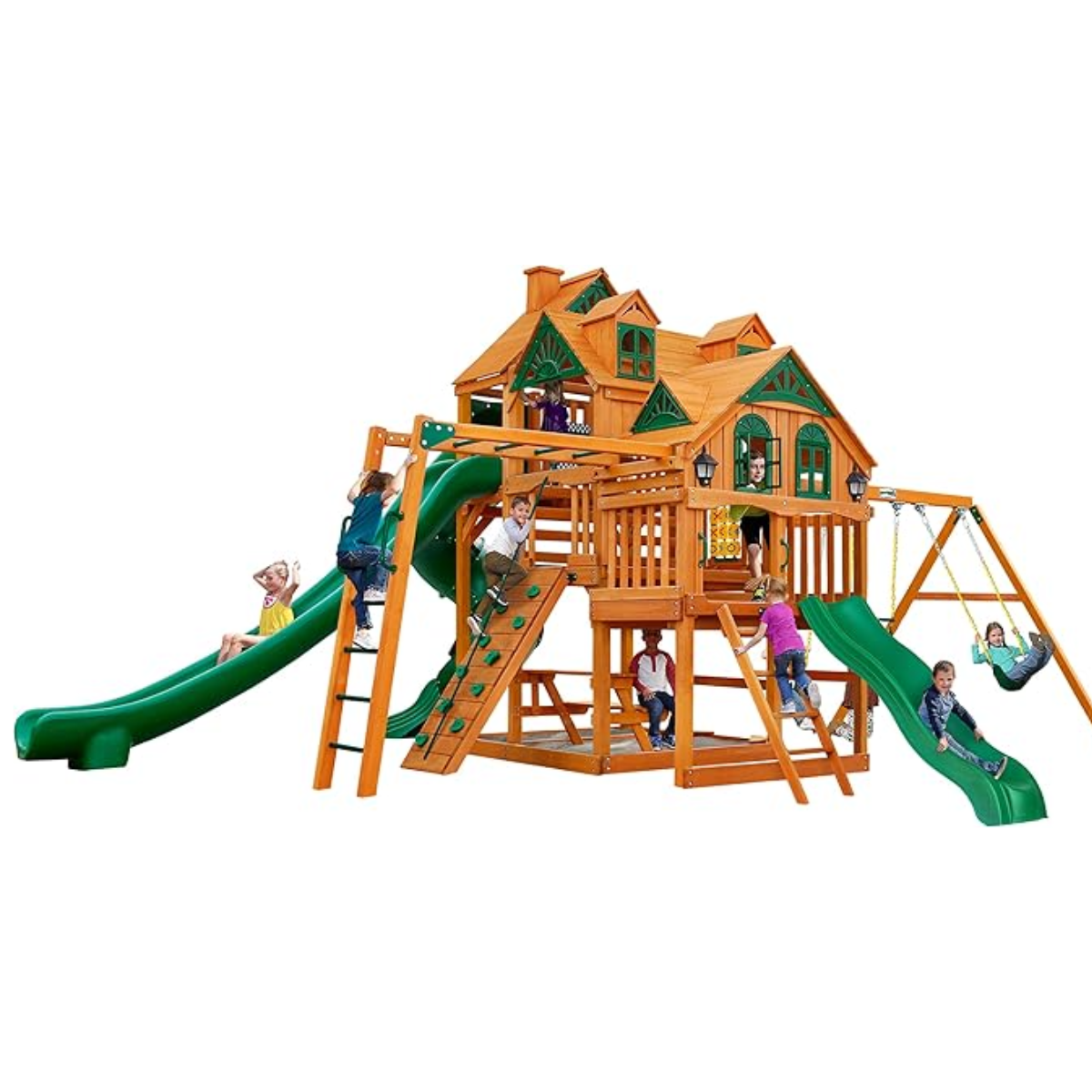 mclmedu-product-56-image-1 Gorilla Playsets Empire Extreme Wooden Swing Set with Monkey Bars, Clatter Bridge, Tower, and 3 Slides - Image 1