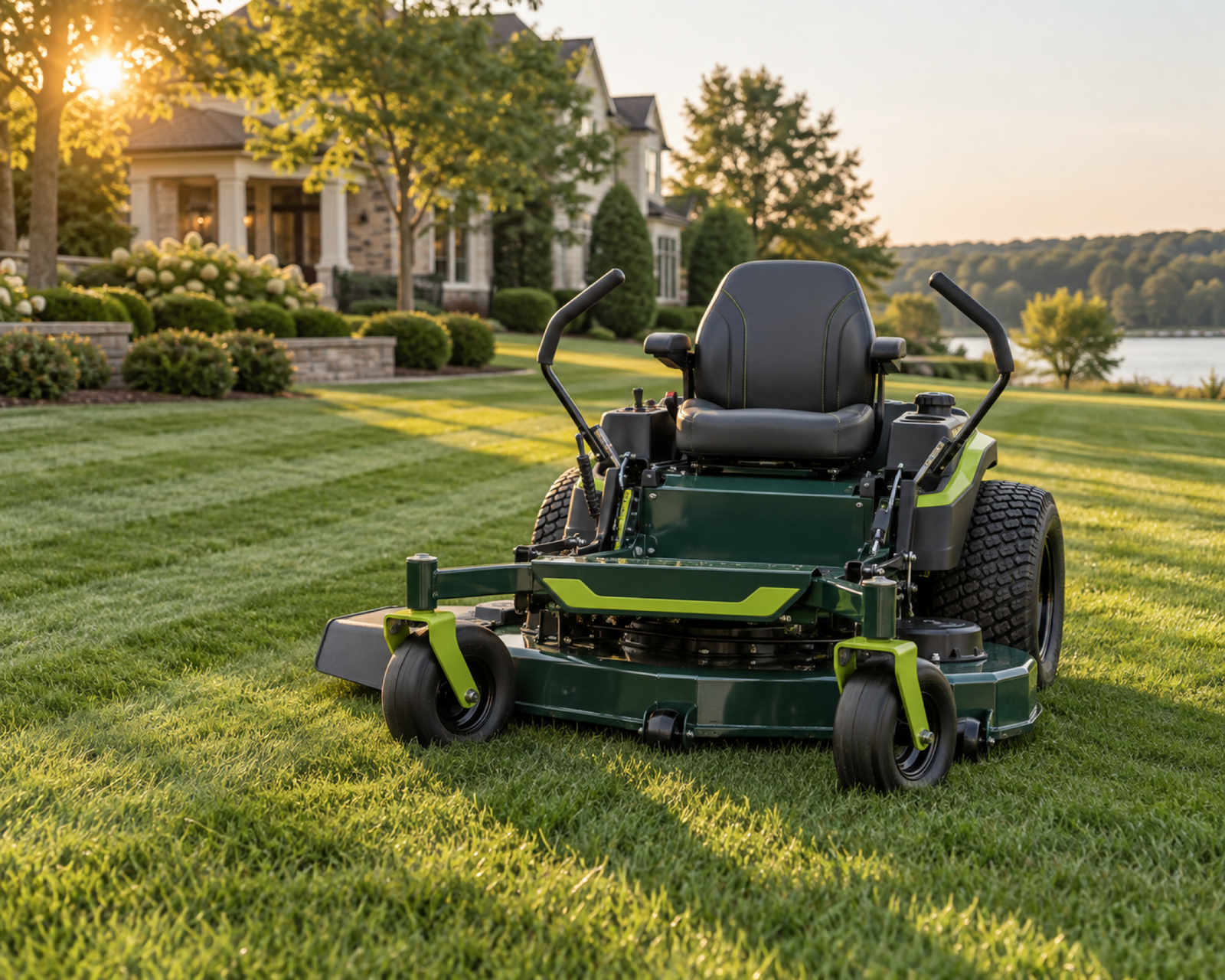 Riding mower on a freshly cut lawn