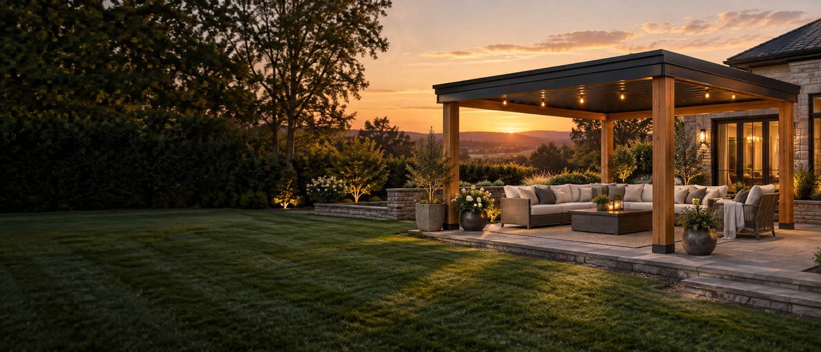 Cedar pergola over a backyard patio at golden hour